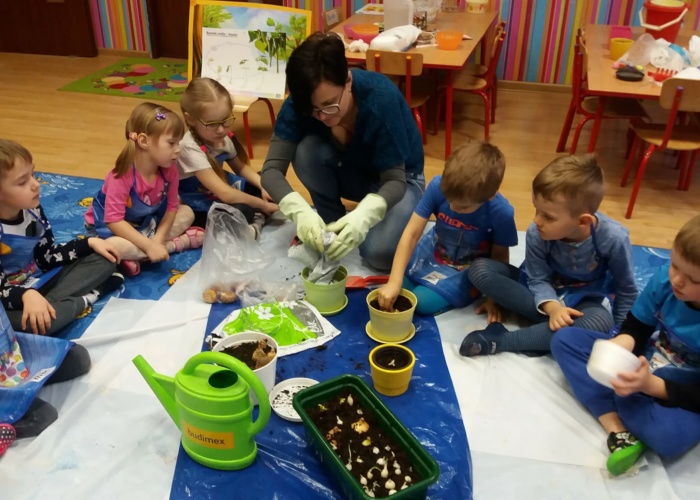 Przedszkole Pszczółka w Lublinie, dzieci sieją i sadzą roślinki